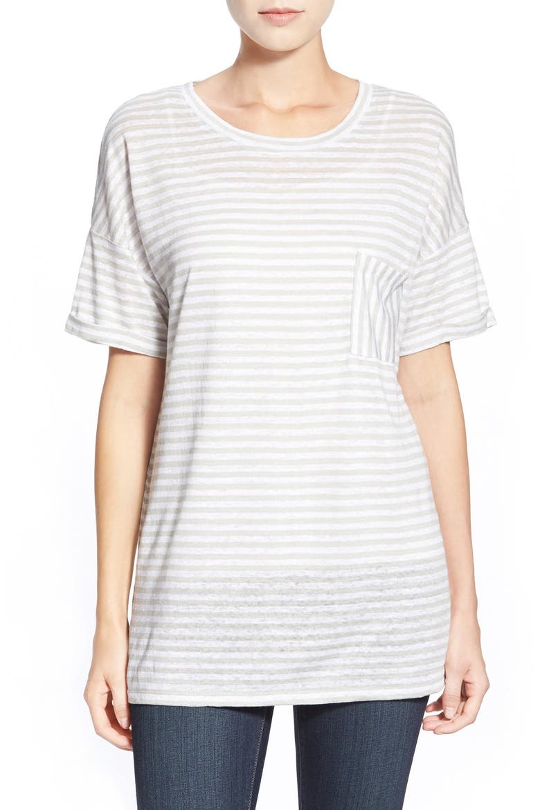 Cuff Sleeve One-Pocket Stripe Tee, Main, color, GREY- WHITE STRIPE