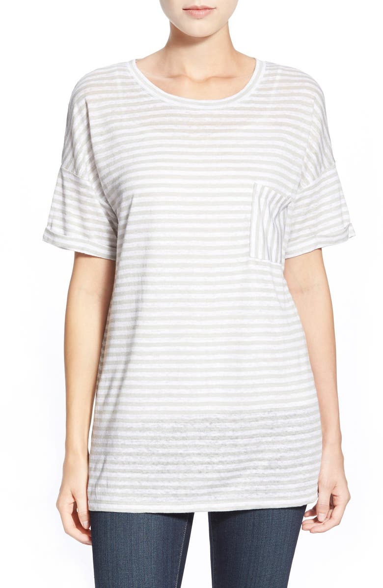Caslon<sup>®</sup> Cuff Sleeve One-Pocket Stripe Tee, Main, color, 