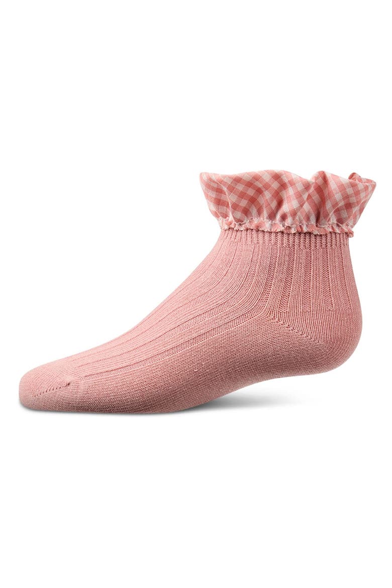 Ribbed  Checkered Ruffle-Trim Ankle Sock, Main, color, Pink