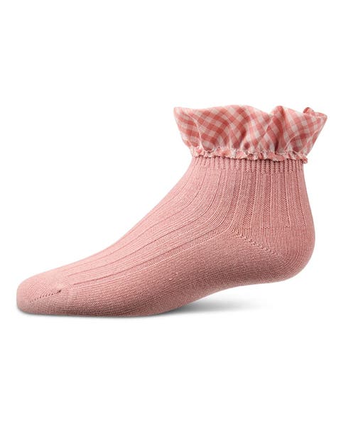 Ribbed  Checkered Ruffle-Trim Ankle Sock