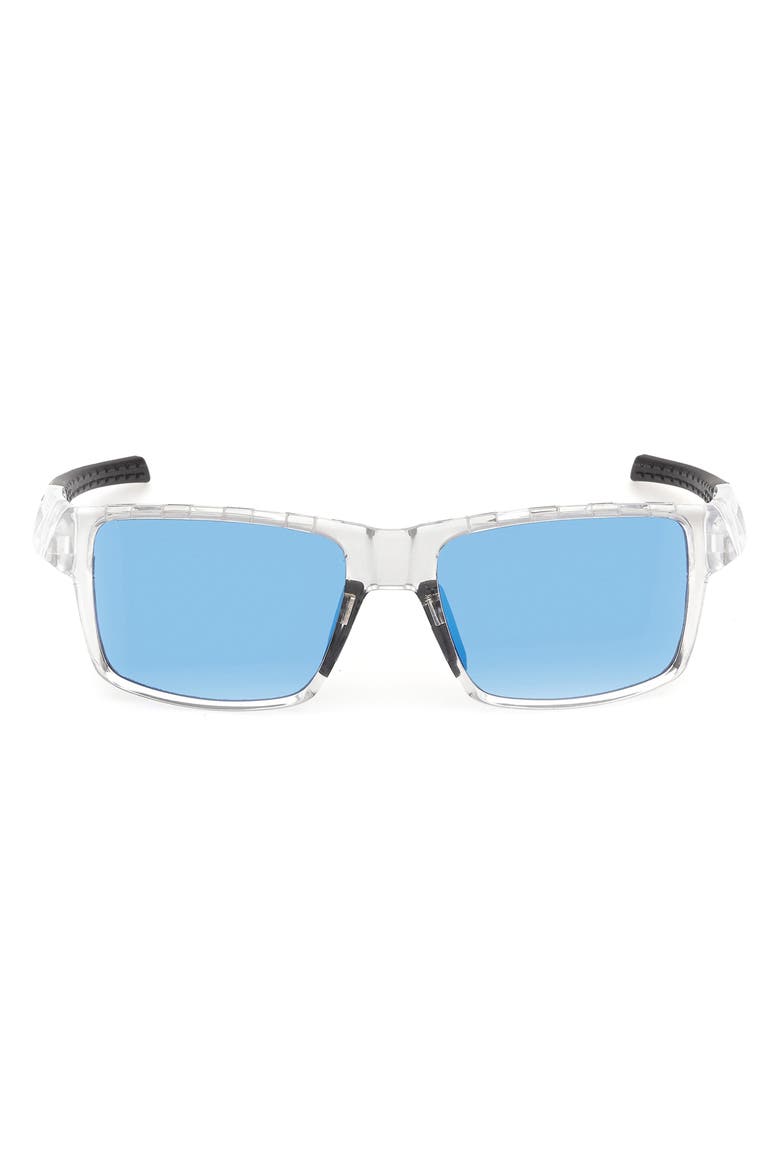 55mm Mirrored Rectangular Sunglasses, Main, color, CRYSTAL / BLUE MIRROR