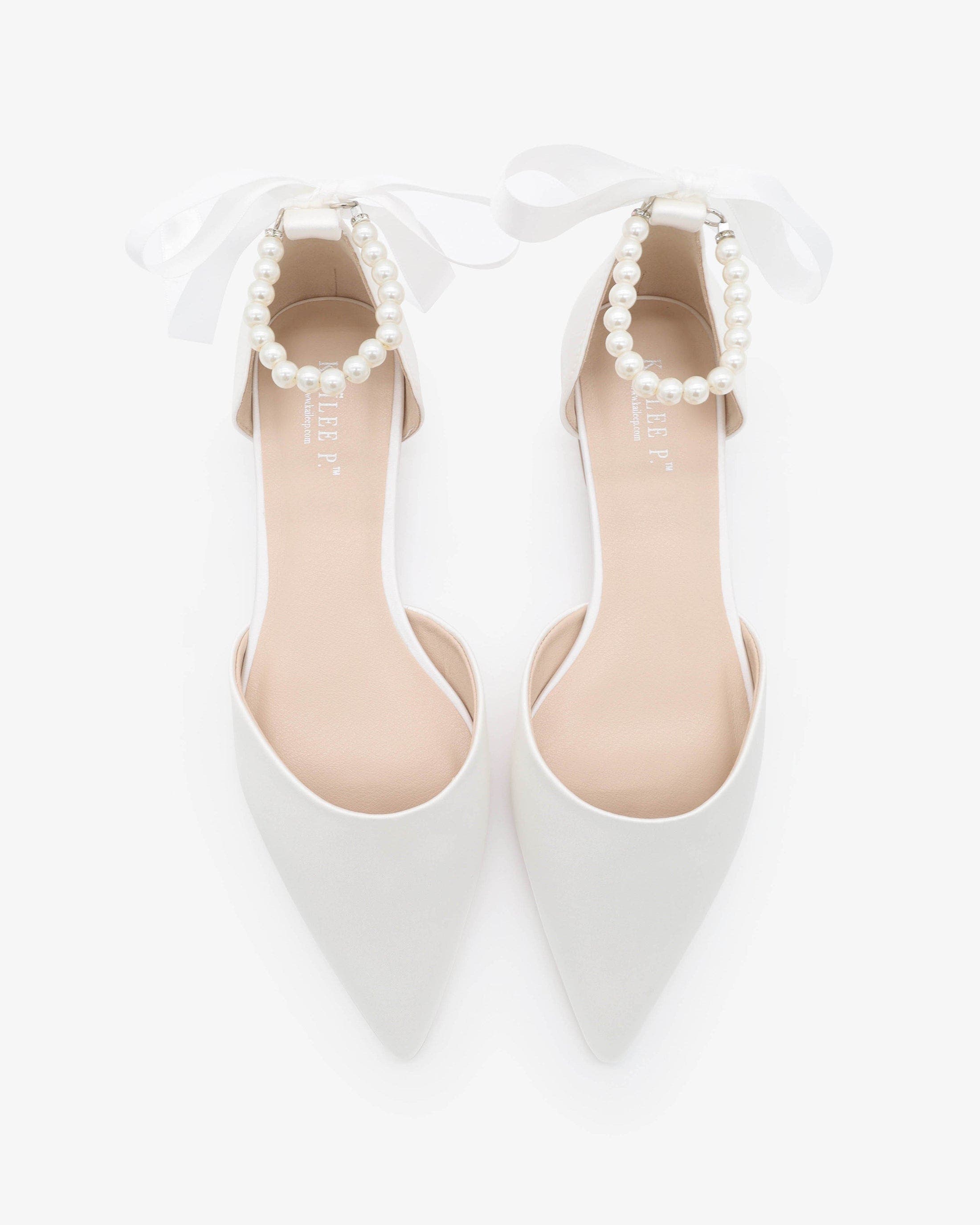 Kailee P Bella Satin Pointy Toe Flats with All Pearls Ankle Strap, Alternate, color, White