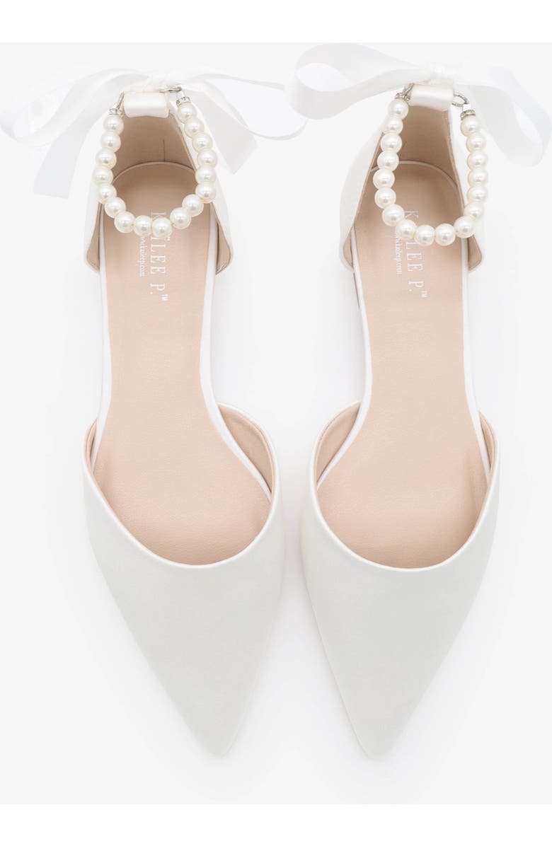 Kailee P Bella Satin Pointy Toe Flats with All Pearls Ankle Strap, Alternate, color, White
