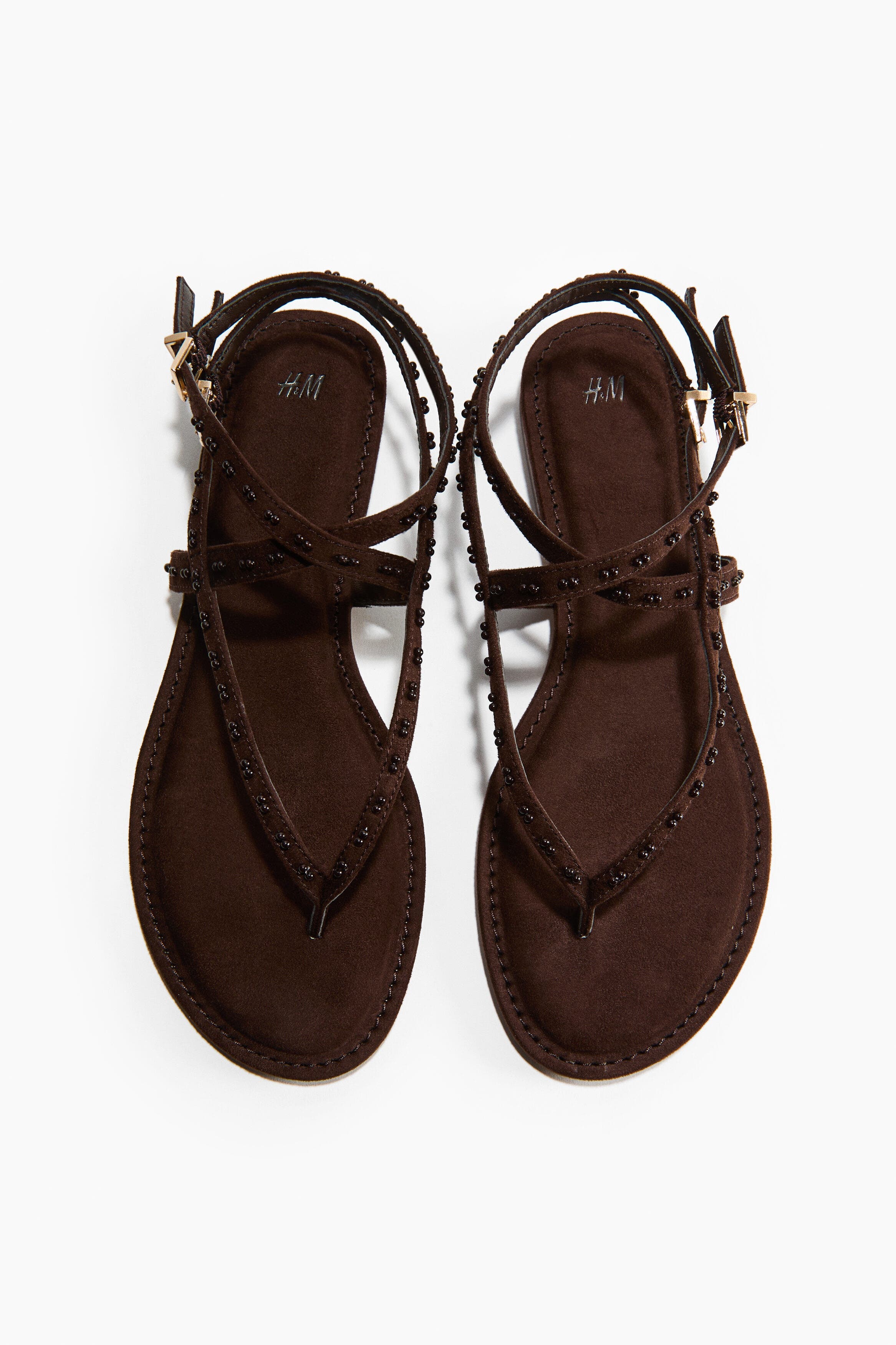 H&M Bead-detail Strappy Sandals, Alternate, color, Dark Brown