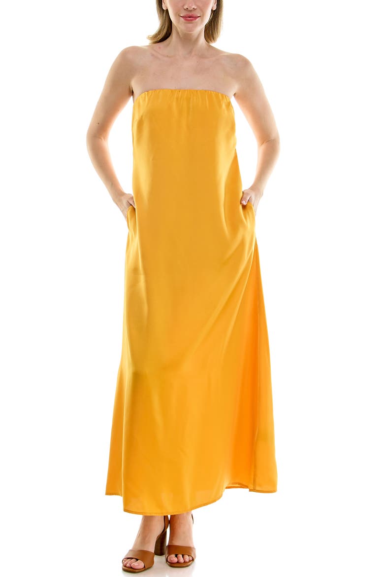 Satin Strapless Maxi Dress, Main, color, GOLD MUSTARD