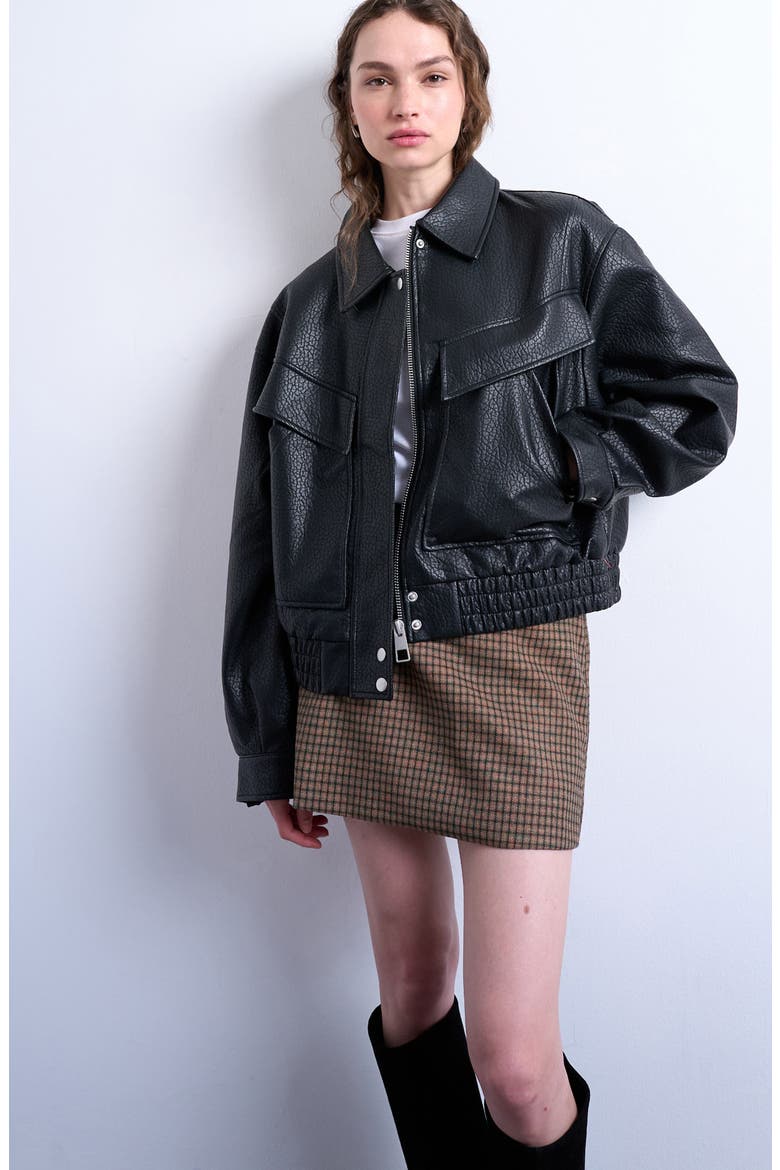 Boxy Faux Leather Bomber Jacket, Main, color, BLACK