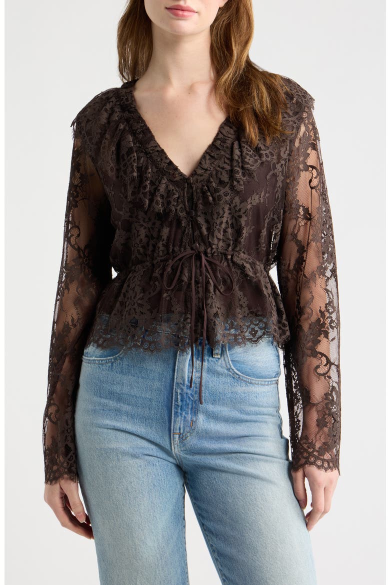 Zoya Ruffle Trim Lace Top, Main, color, CHOCOLATE
