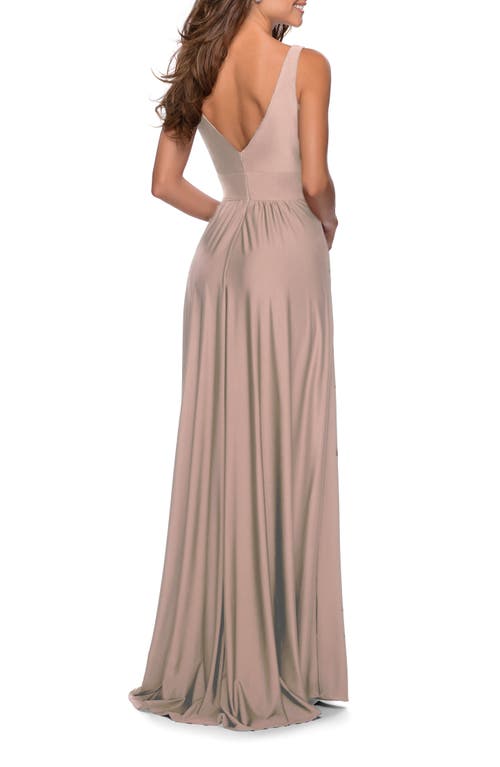 La Femme Empire Waist Gown With Deep V Neckline
