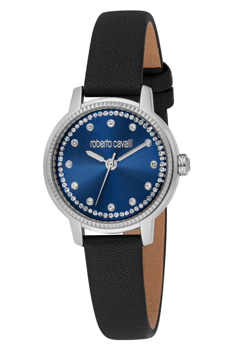Crystal Sunray Dial Leather Strap Watch, Main, color, BLACK
