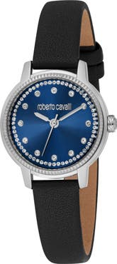 Roberto Cavalli Crystal Sunray Dial Leather Strap Watch