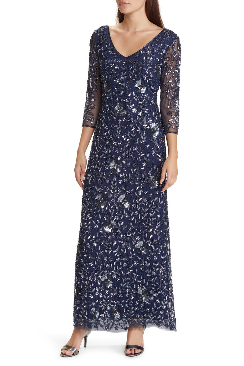 Beaded V-Neck Sheer Sleeve Cocktail Dress, Main, color, NAVY/ GUNMETAL 421