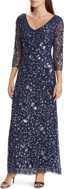 Pisarro Nights Beaded V-Neck Sheer Sleeve Cocktail Dress