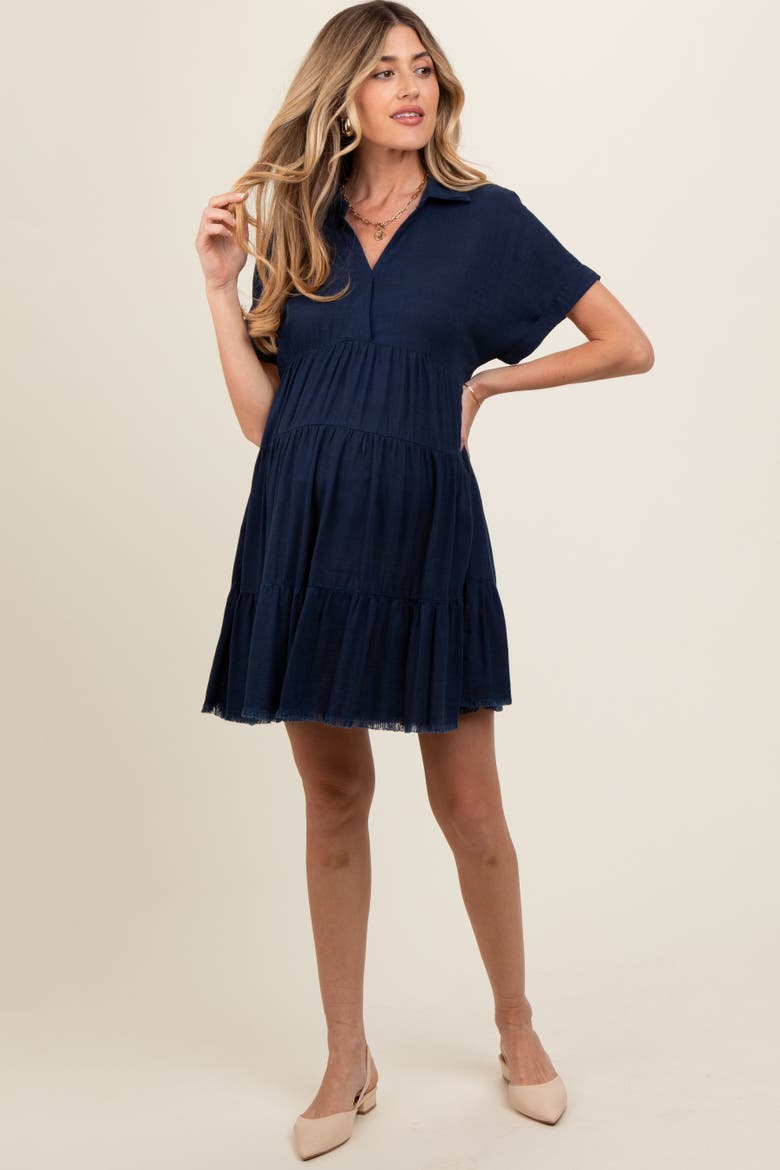 Tiered Linen Dress, Main, color, Navy Blue