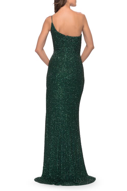 La Femme Elegant Soft Sequin One Shoulder Long Dress In Emerald
