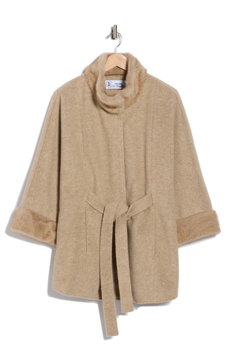 La Fiorentina Faux Fur Trim Cape, Main, color, Beige