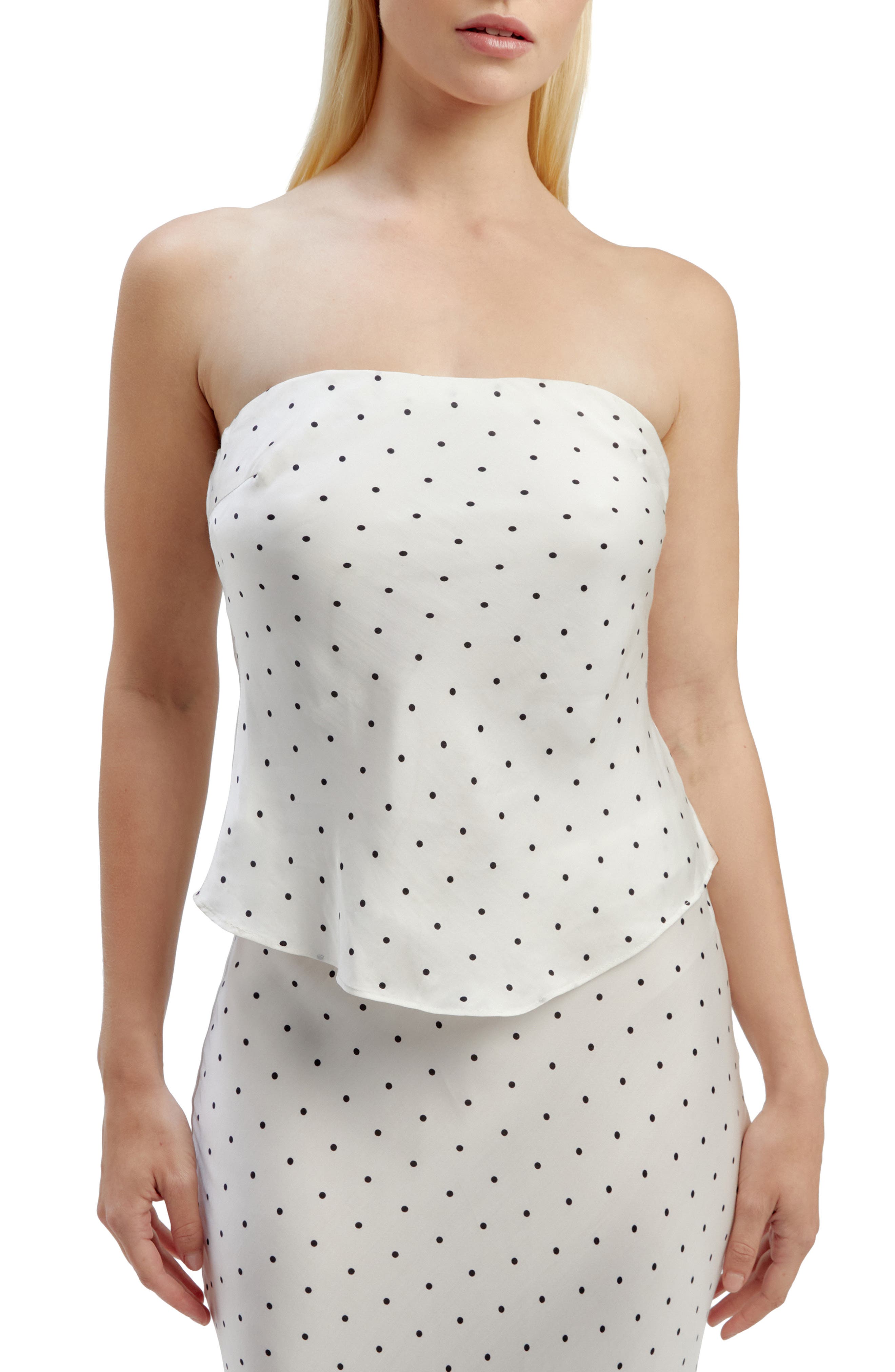 white polka dot bardot top
