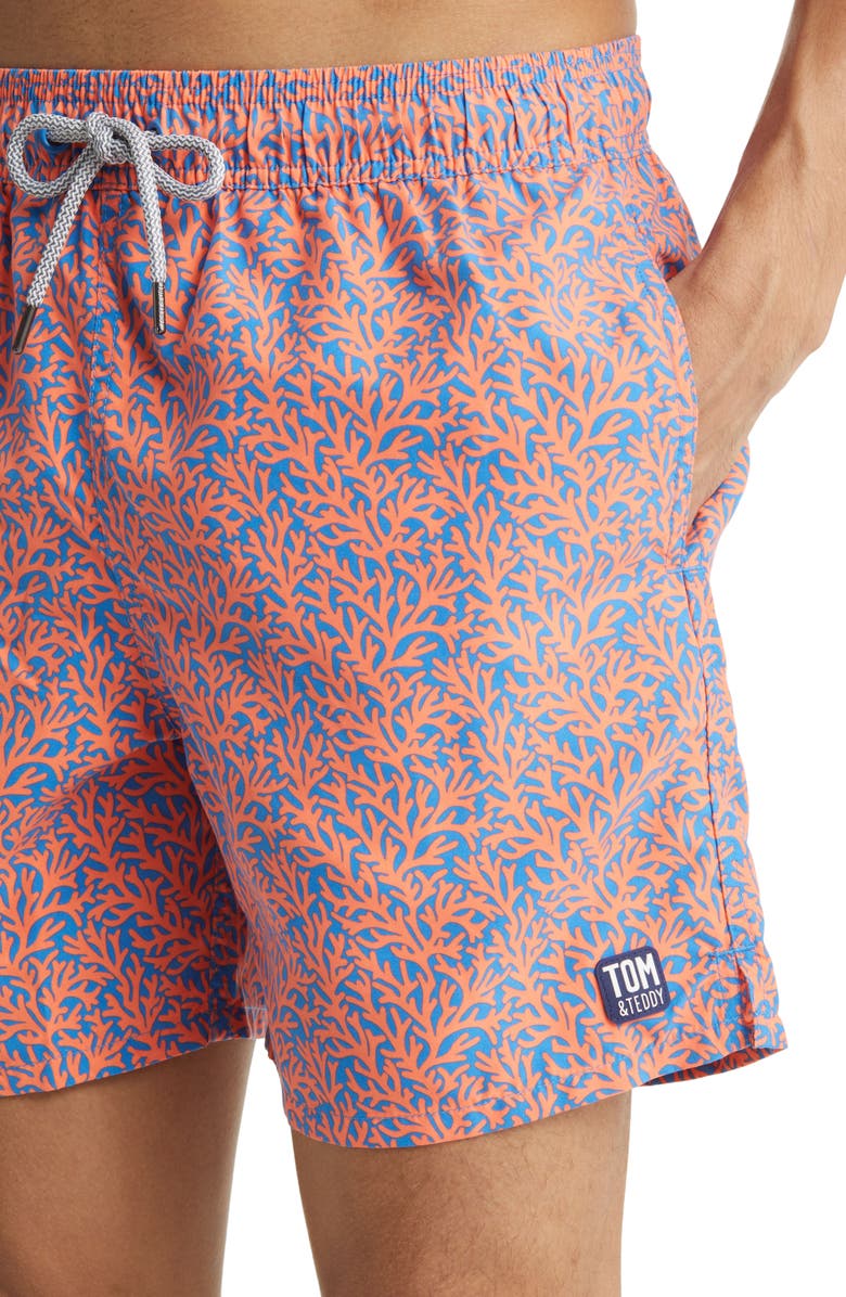 Tom & Teddy Coral Print Swim Trunks, Alternate, color, Mid Blue & Orange