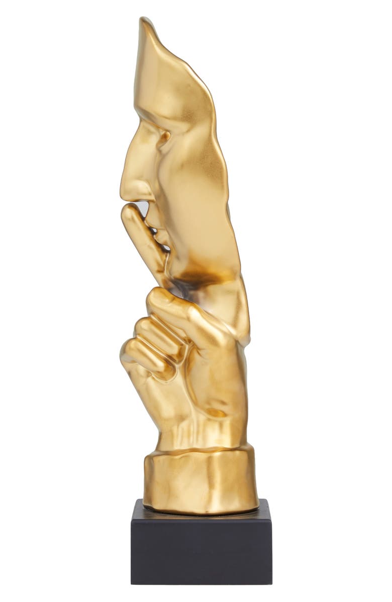 VIVIAN LUNE HOME Goldtone Porcelain Quiet Gesture Mask Sculpture, Alternate, color, Gold