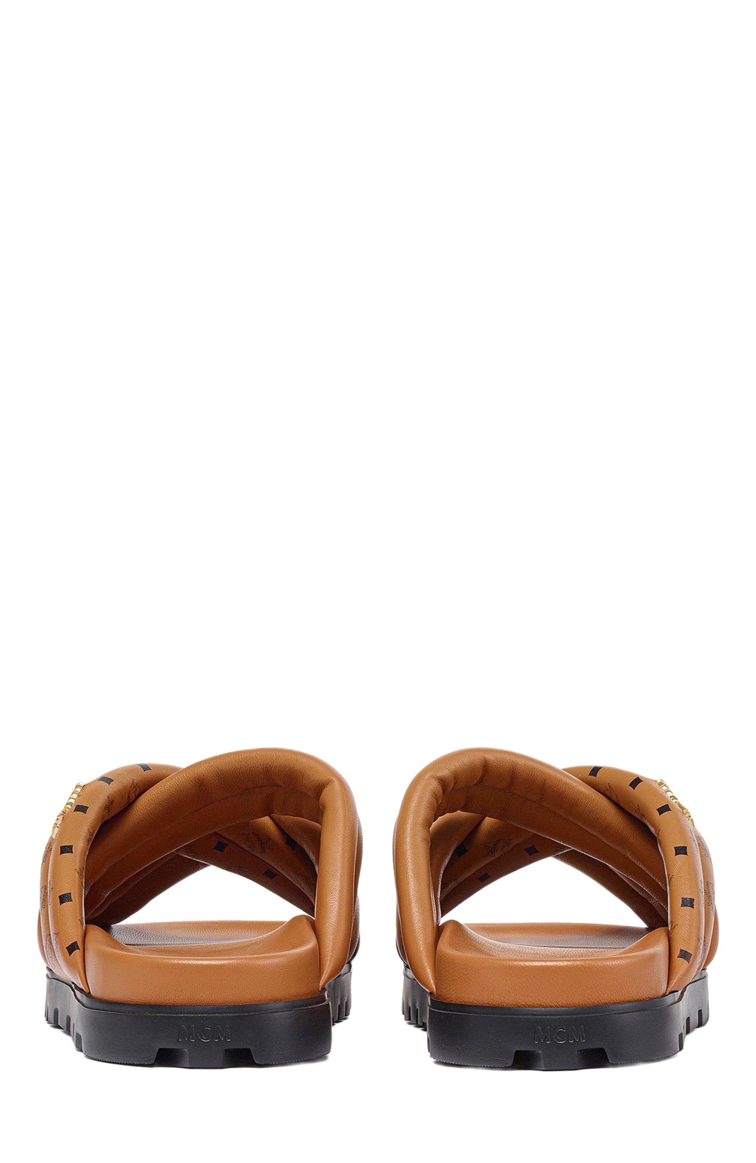 MCM Monogram Print Cross Sandals in Lamb Leather, Alternate, color, Cognac