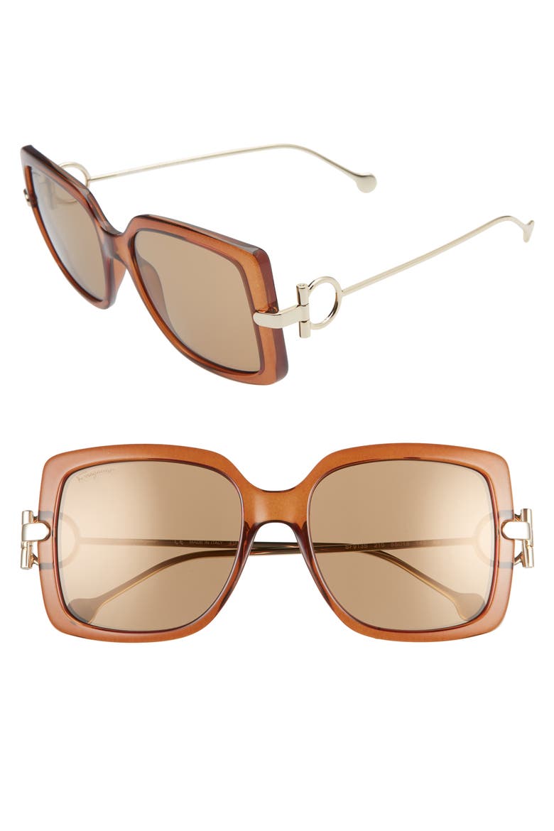Salvatore Ferragamo Gancio 55mm Square Sunglasses, Main, color, BROWN
