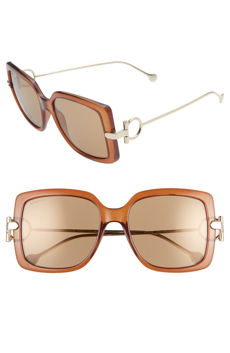 FERRAGAMO Salvatore Ferragamo Gancio 55mm Square Sunglasses, Main, color, Brown
