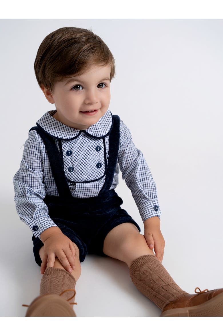 Boy Velvet Checkered Long Sleeve Shirt & Adjustable Strap Overall 2-Piece Set, Alternate, color, Taupe