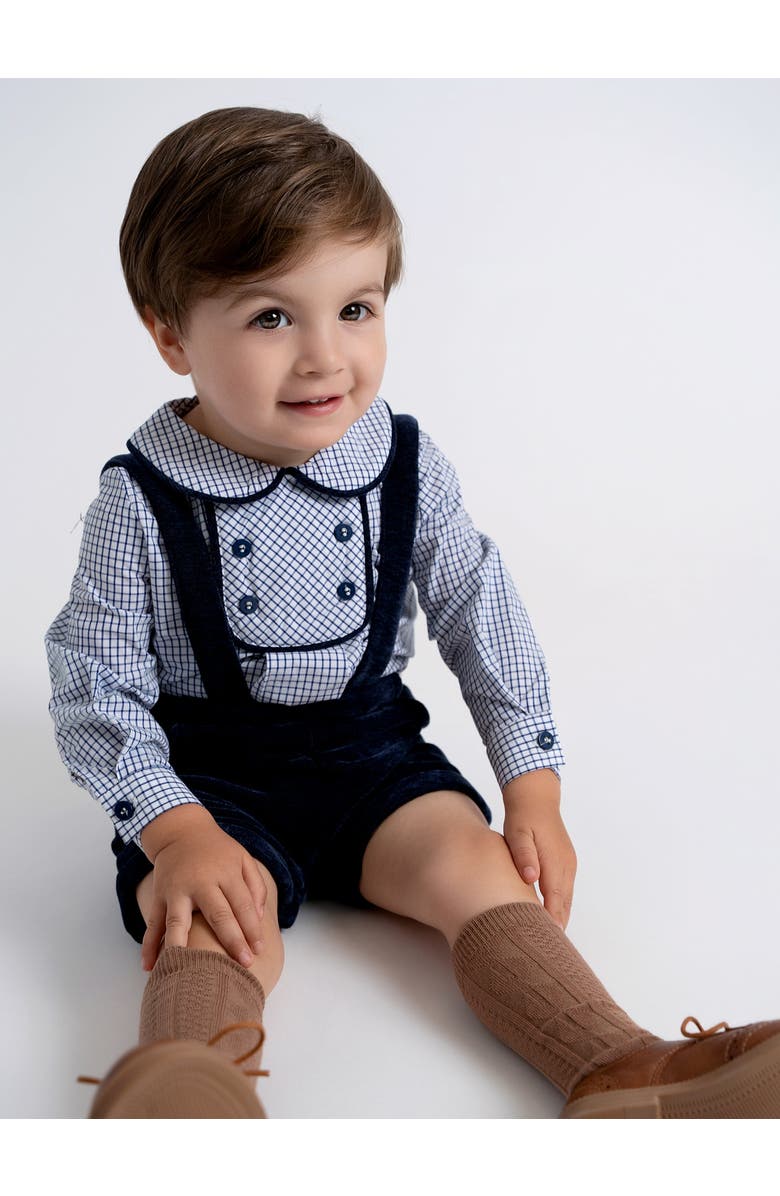 The Umbrella Academy Boy Velvet Checkered Long Sleeve Shirt & Adjustable Strap Overall 2-Piece Set, Alternate, color, Taupe