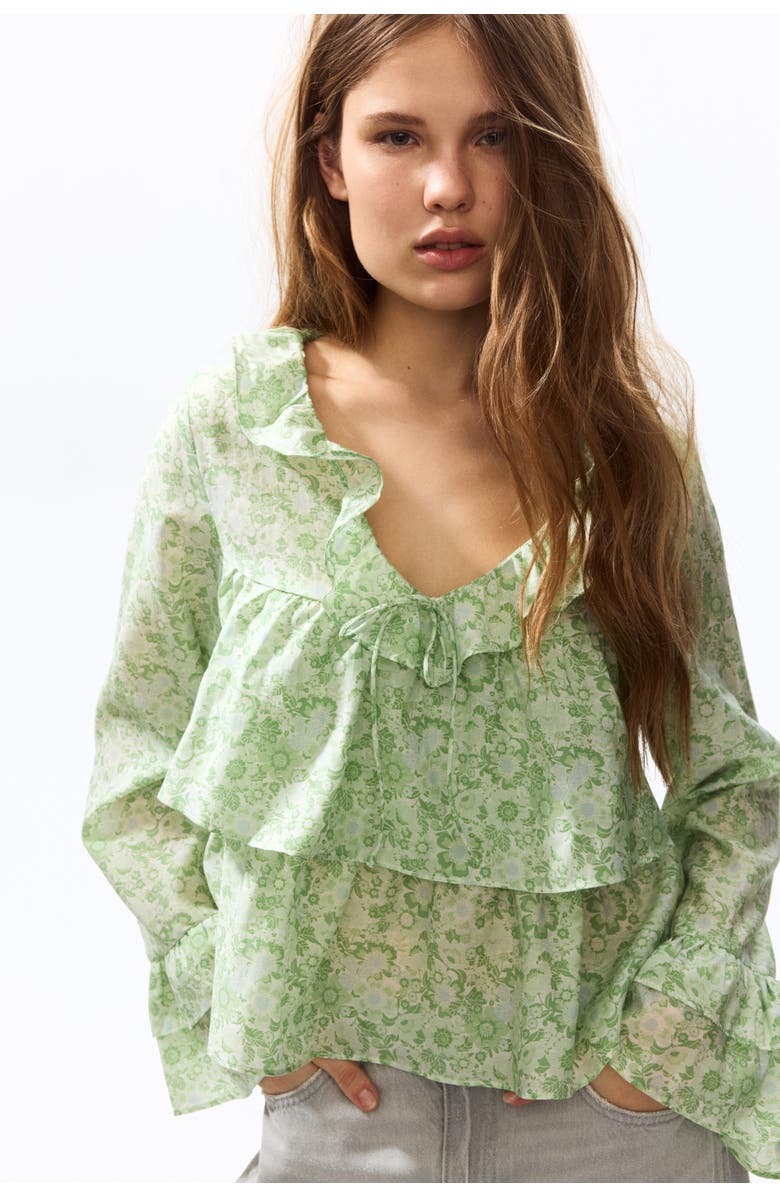 H&M Frill-trimmed Blouse, Alternate, color, Light Green/Floral