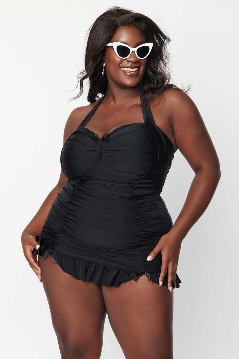 Plus Size Halter Swim Dress, Main, color, Black