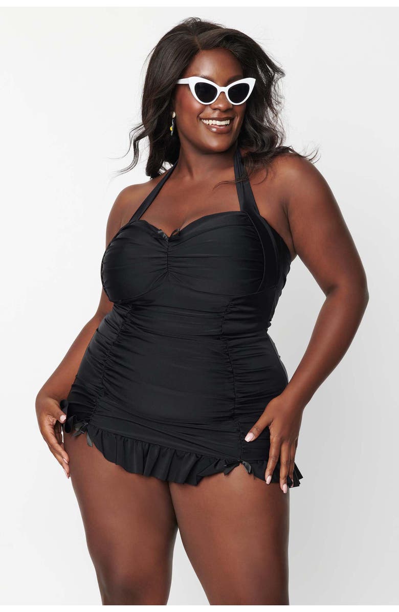 Unique Vintage Plus Size Halter Swim Dress, Main, color, Black