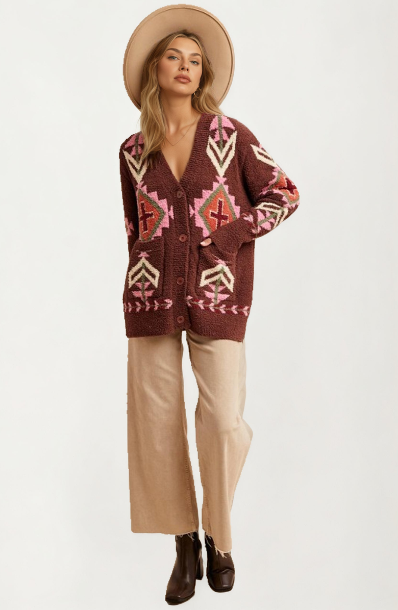 Knit and Lounge Oversized Geo Knit Cardigan with Pockets, Alternate, color, 