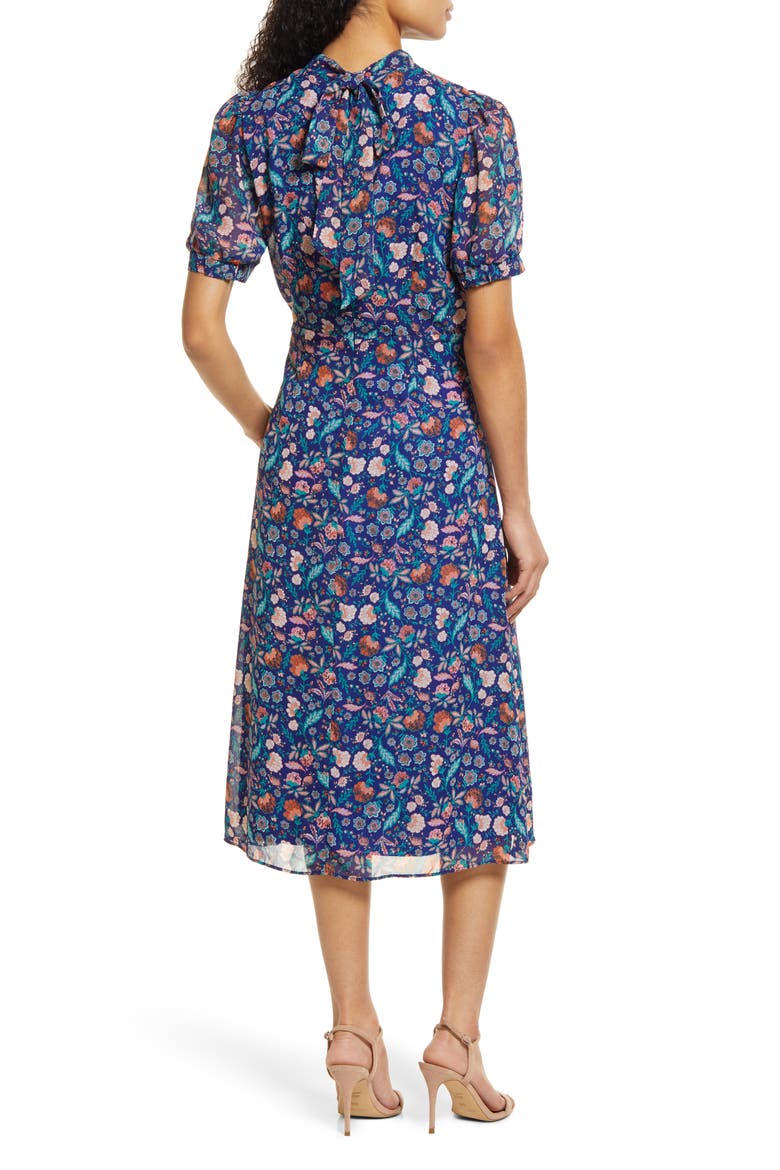 Floral Print Puff Sleeve Midi Dress, Alternate, color, NAVY MULTI