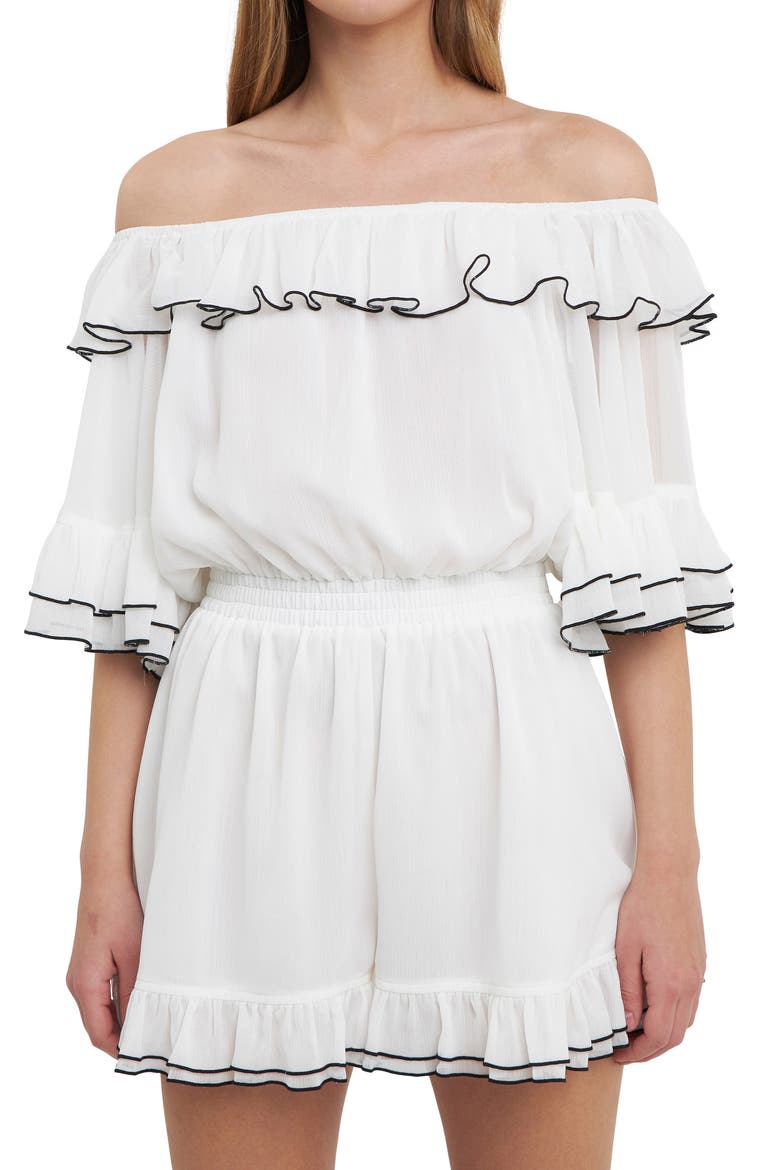 Contrast Edge Off the Shoulder Romper, Alternate, color, WHITE/ BLACK