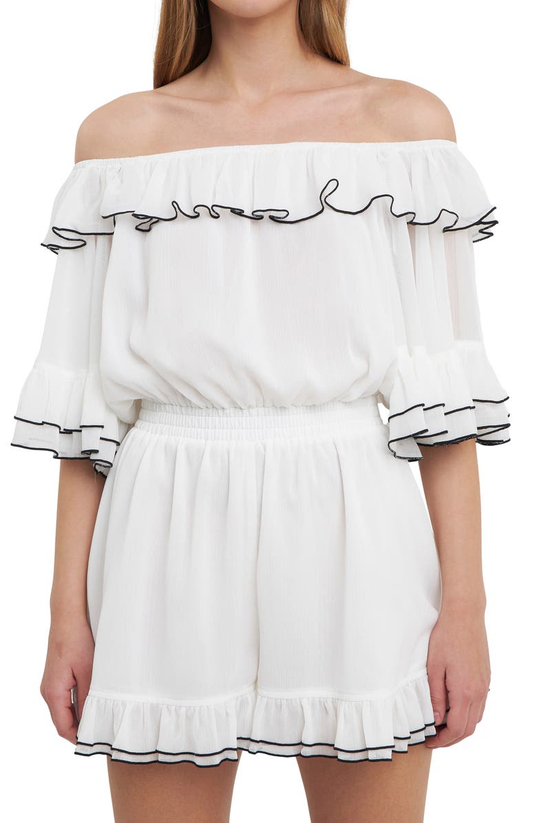 Endless Rose Contrast Edge Off the Shoulder Romper, Alternate, color, White/ Black