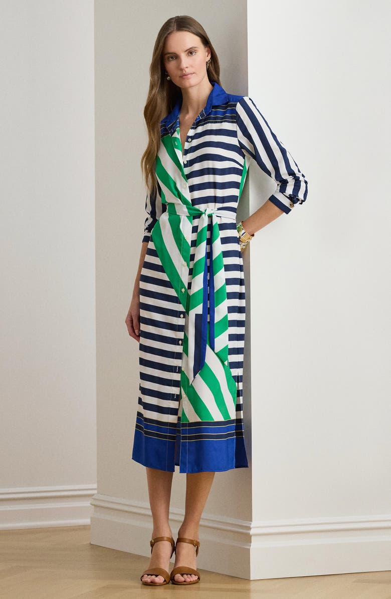 Lauren Ralph Lauren Stripe Tie Waist Midi Shirtdress, Alternate, color, Navy Blue/ White/ Green