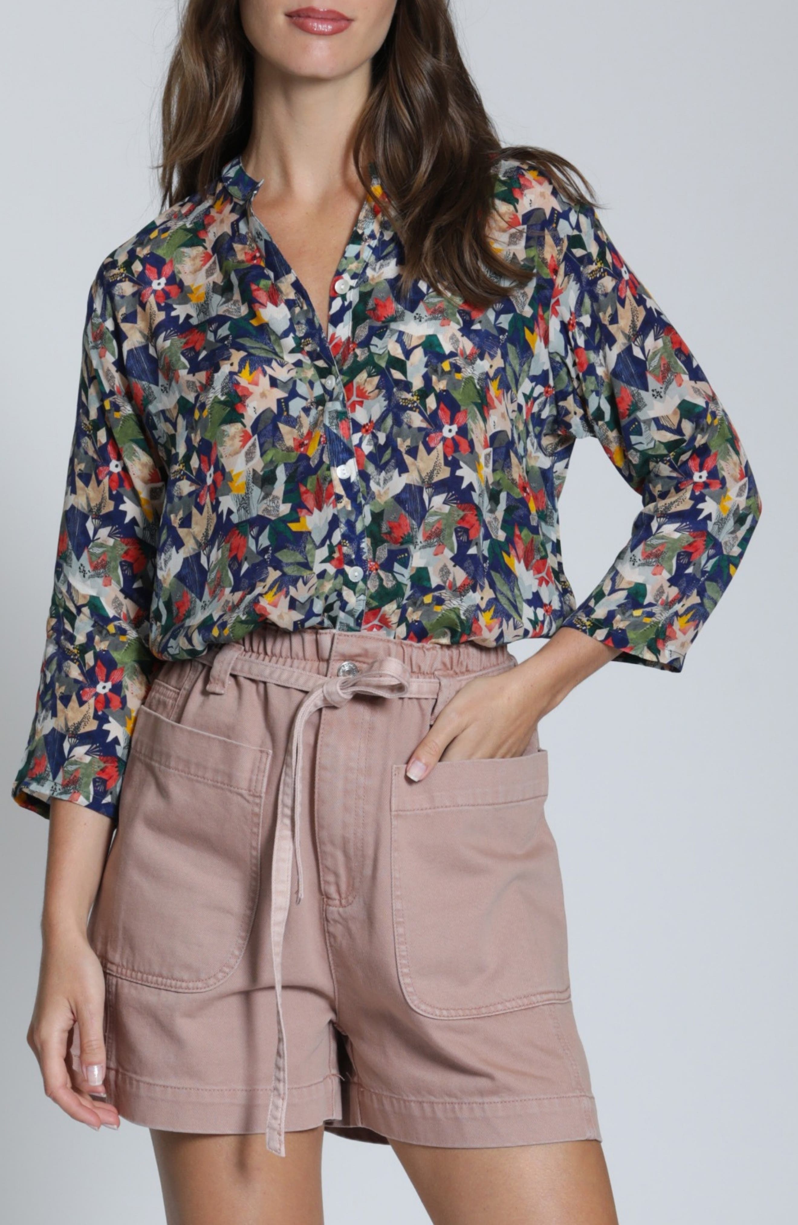 Mixed Stripe Mandarin Collar Button-Up Shirt - image 5