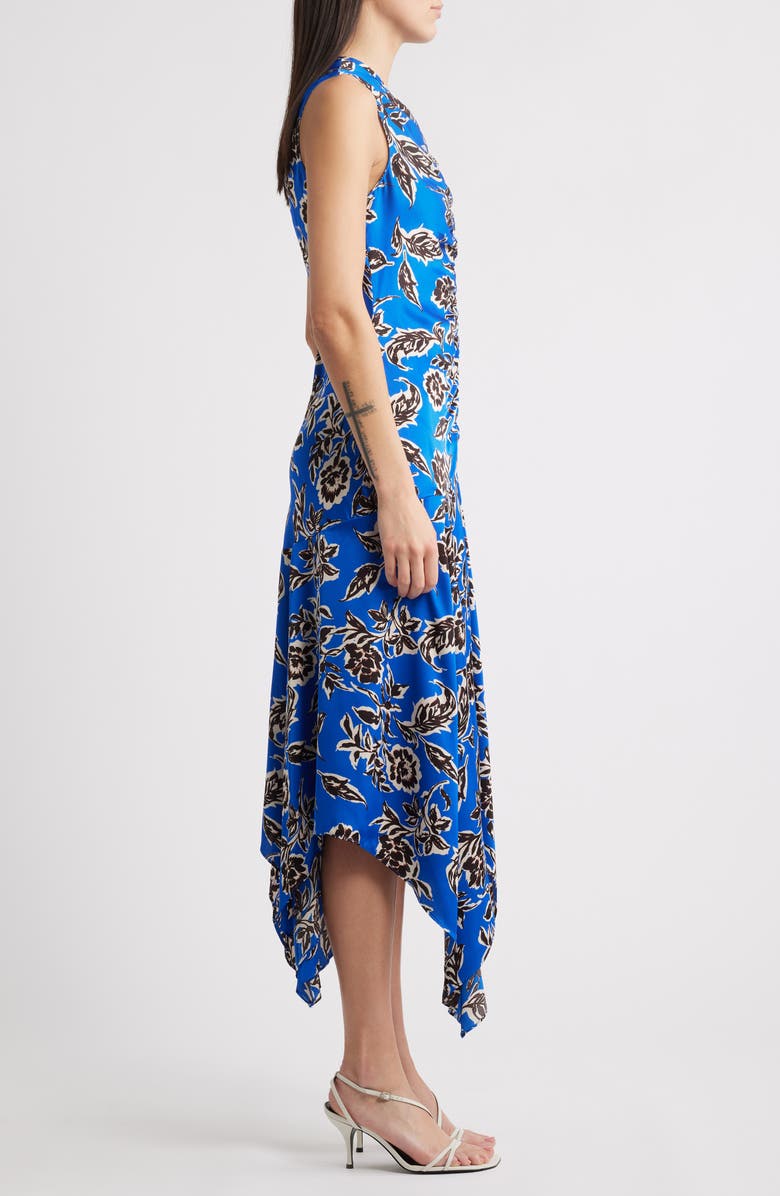 MELLODAY Floral Sleeveless Ruched Satin Midi Dress, Alternate, color, Blue Brown Multi Floral