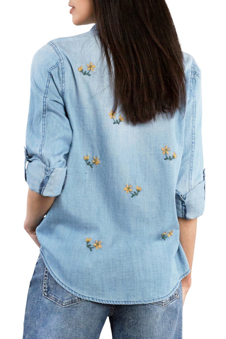 Sunny Ditsy Floral Embroidered Button-Up Shirt, Alternate, color, WASHED BLUE