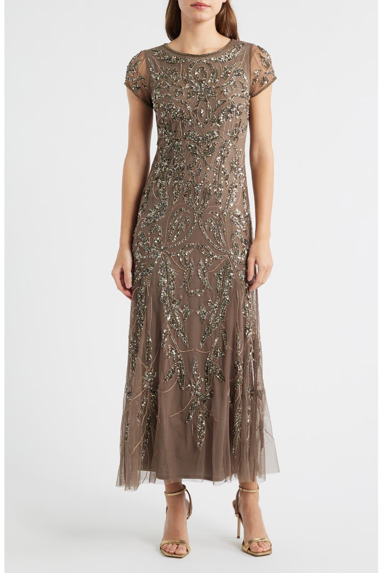 Beaded Mesh Midi Cocktail Dress, Main, color, MOCHA
