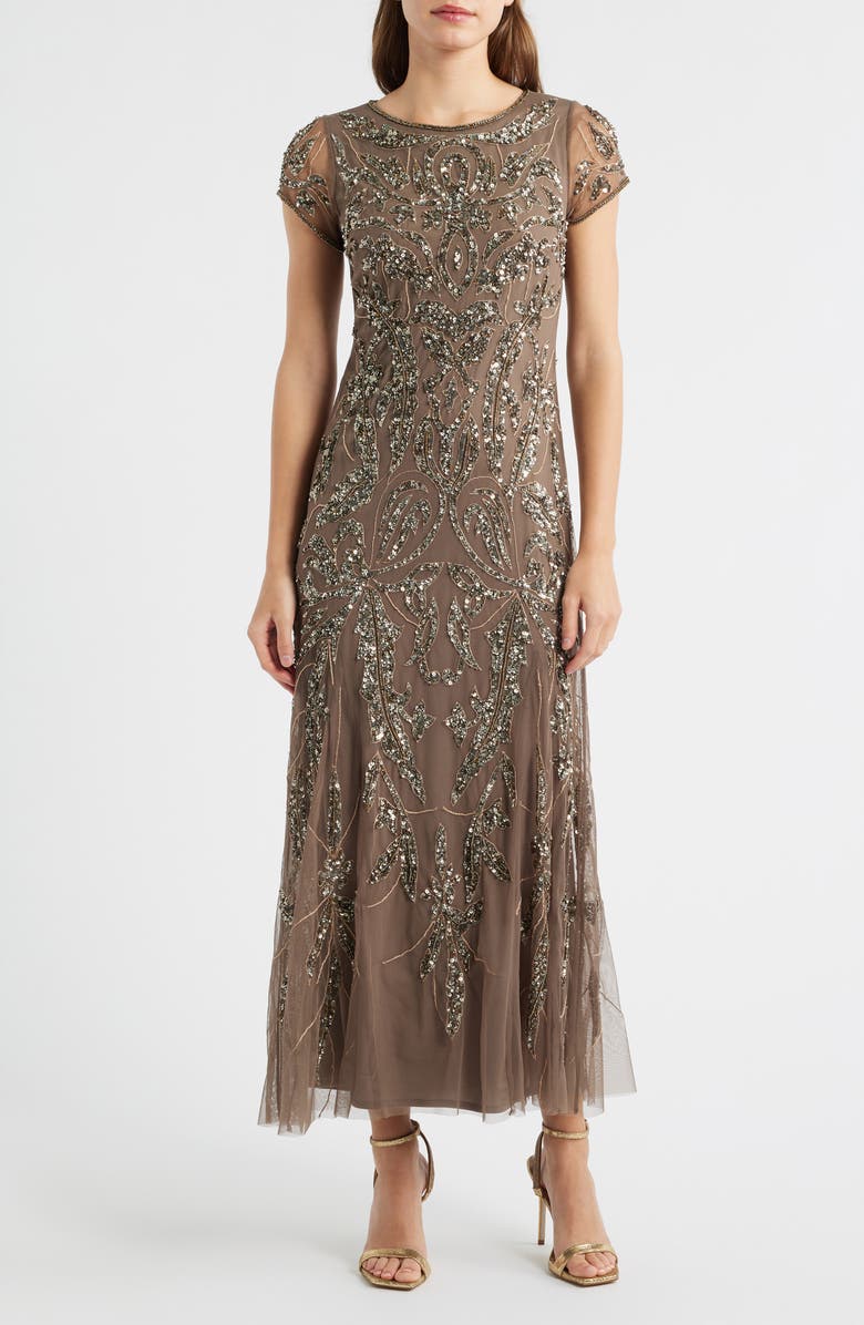 Pisarro Nights Beaded Mesh Midi Cocktail Dress, Main, color, Mocha