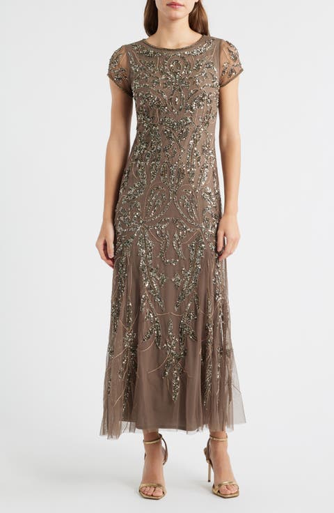 Beaded Mesh Midi Cocktail Dress