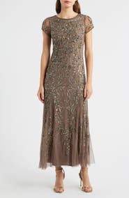 Pisarro Nights Beaded Mesh Midi Cocktail Dress