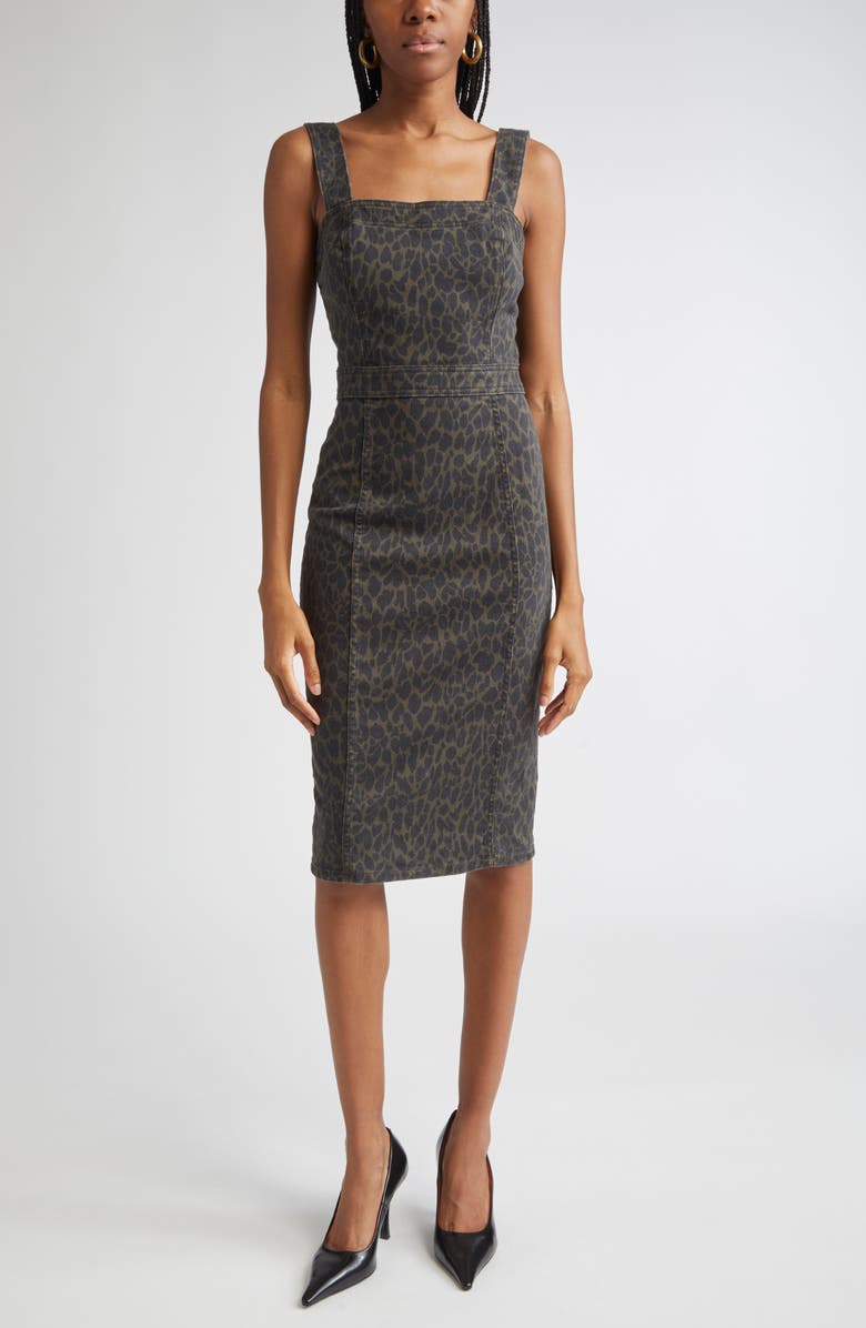 Ramy Brook Tamera Cotton Blend Denim Sheath Dress, Main, color, Deep Olive Animal