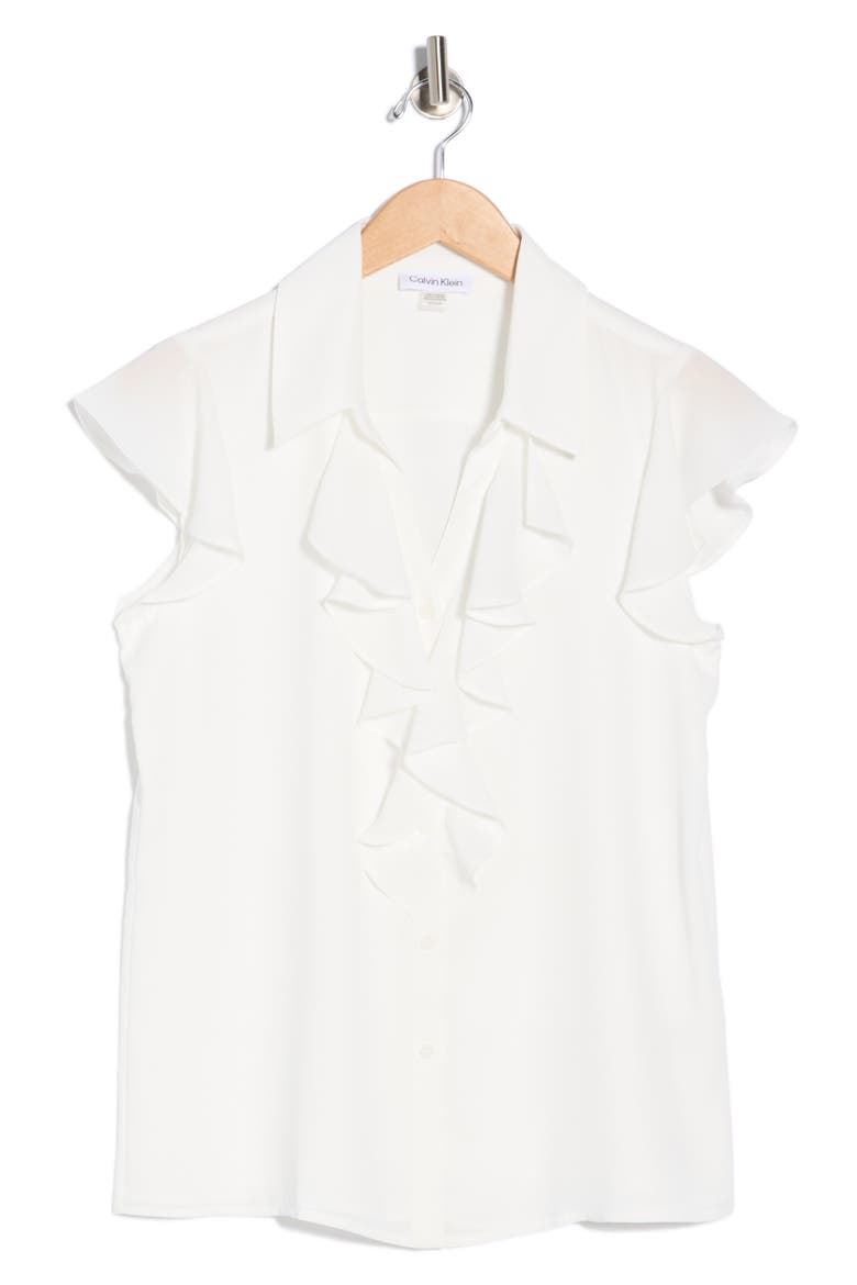 Cap Sleeve Ruffle Button-Up Top, Alternate, color, CREAM