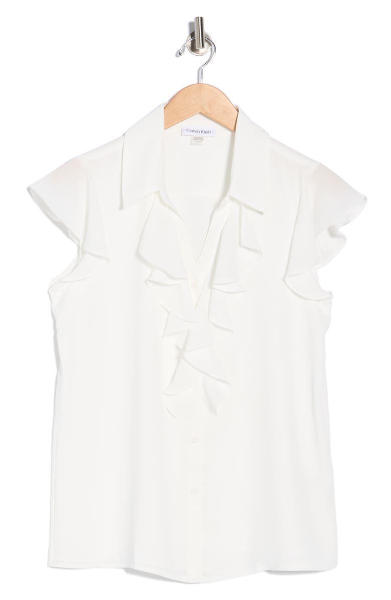 Calvin Klein Cap Sleeve Ruffle Button-Up Top, Alternate, color, Cream