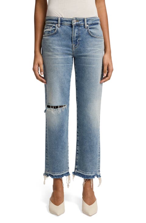 Calie Ripped Mid Rise Ankle Straight Leg Jeans (Shore Break)