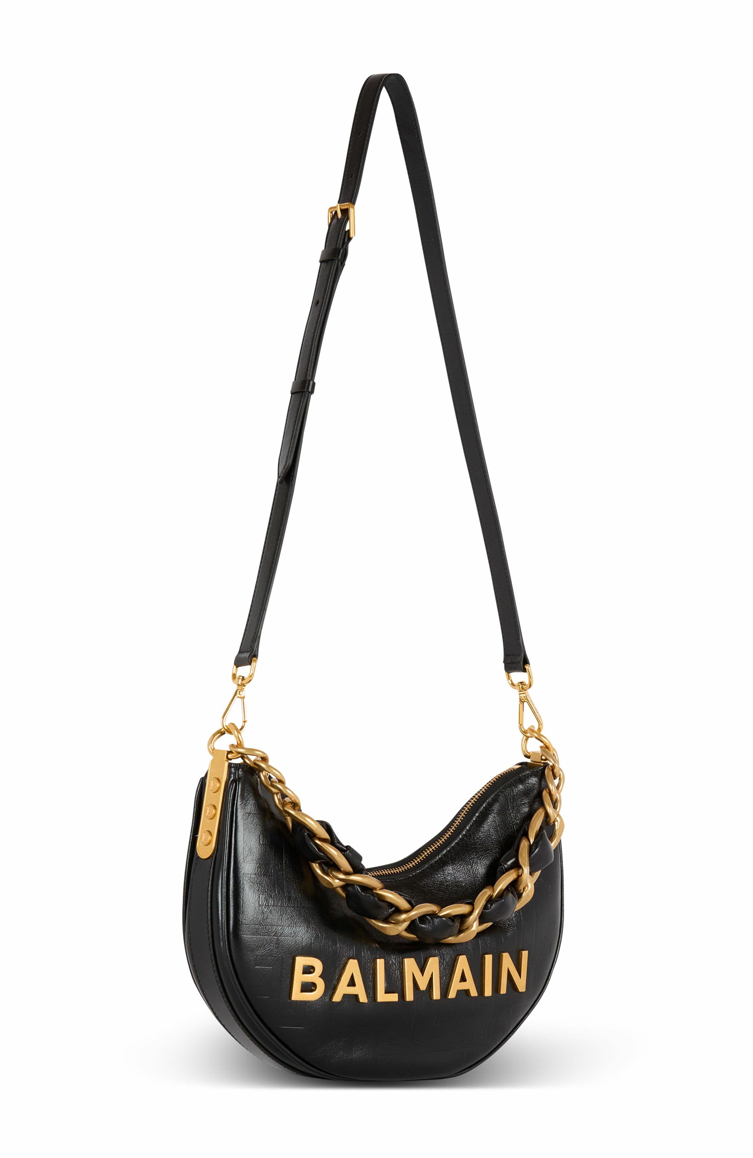 Balmain 1945 Soft Moon Bag In Crinkled Calfskin Leather Embossed With A Pb Labyrinth Monogram, Alternate, color, 