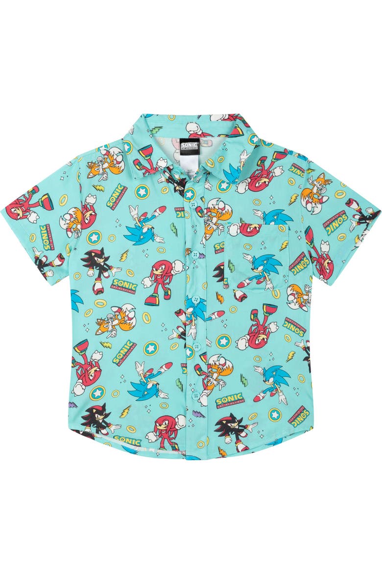 Sonic the Hedgehog Short Sleeve Button-Down Shirt, Main, color, Sonic Aqua