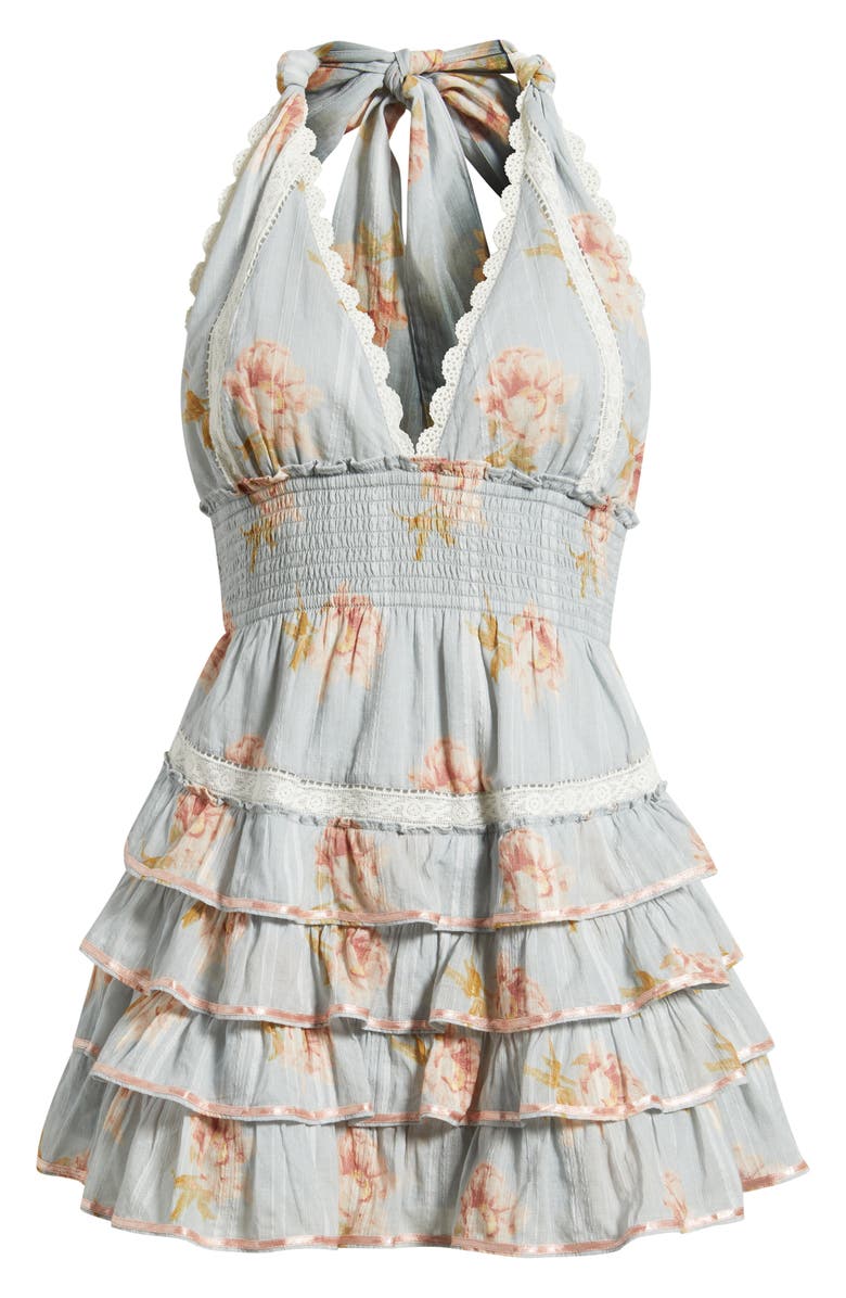 LoveShackFancy Kerch Layered Ruffle Halter Minidress, Alternate, color, Rustic Sky