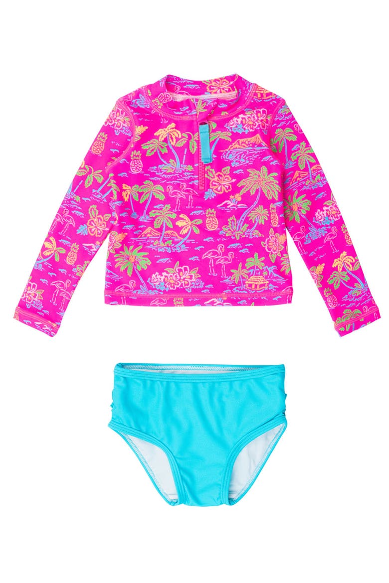 Toddler Girls UPF50+ Long Sleeve Zipper Rash Guard 2-Piece, Main, color, Neon Island Time